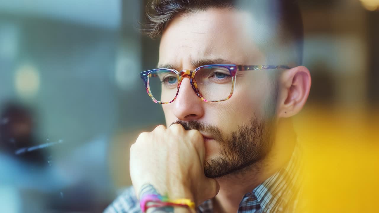 Contemplative Young Man with Glasses Gazing Thoughtfully Through a Window, Reflecting on Life's Choices and Experiences in a Modern Café Setting