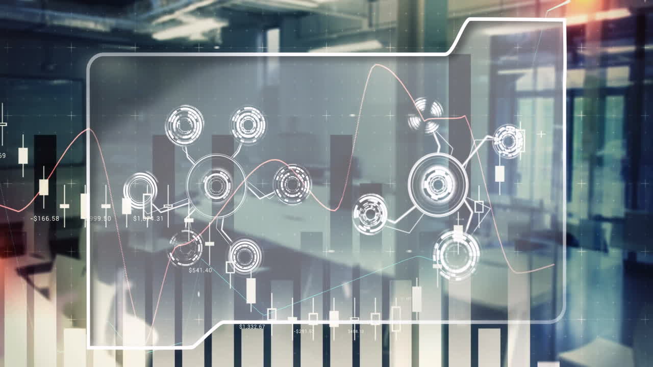 Animating financial data and network connections over modern office background scene