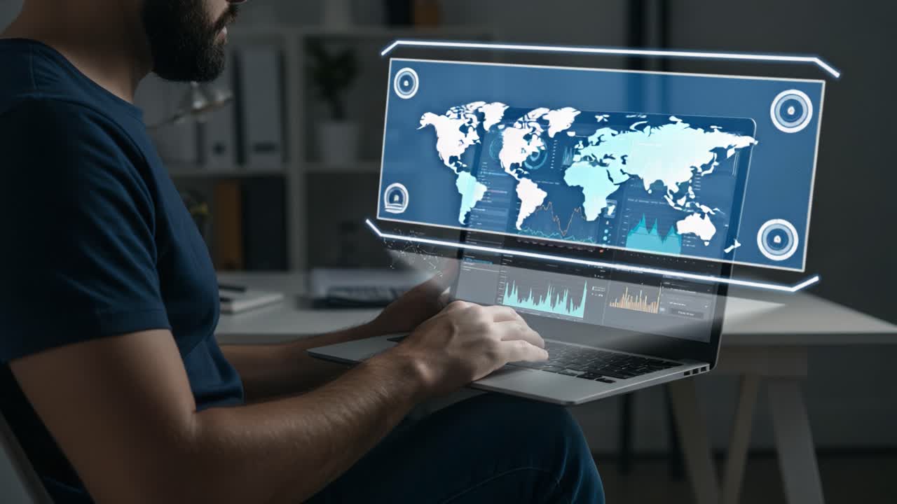 A Focused Individual Analyzing Comprehensive Data Trends and Global Insights on a Laptop, Visualizing Information through Interactive Graphs and World Maps