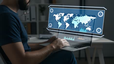 A Focused Individual Analyzing Comprehensive Data Trends and Global Insights on a Laptop, Visualizing Information through Interactive Graphs and World Maps