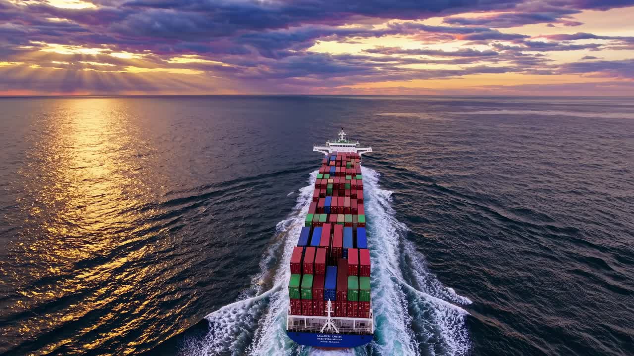 Aerial view of a cargo ship at sea during sunset, showcasing vibrant colors and dynamic movement