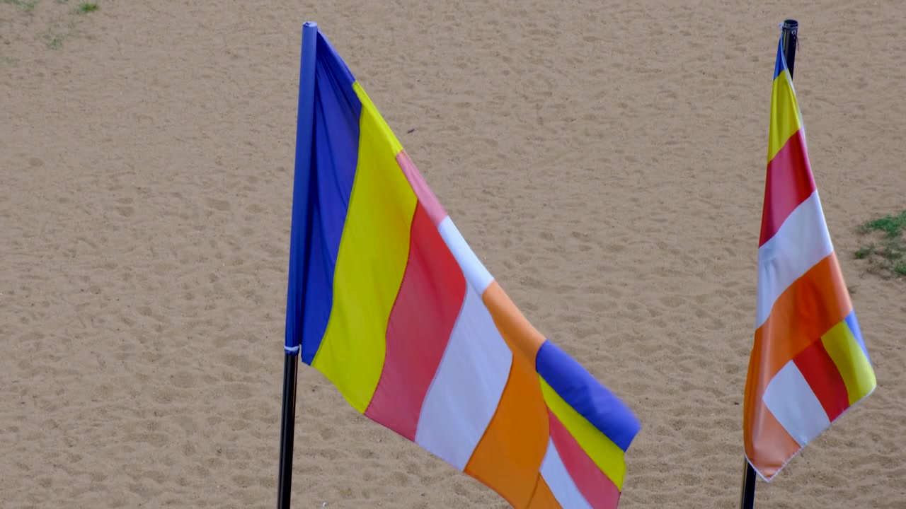International Buddhist rainbow flag at Buddhism temple in Sri Lanka
