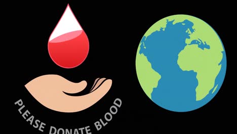 animation of blood donation icon and text over globe