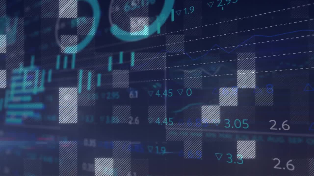 animación de múltiples gráficos y números cambiantes que se mueven en formas cuadradas iluminadas