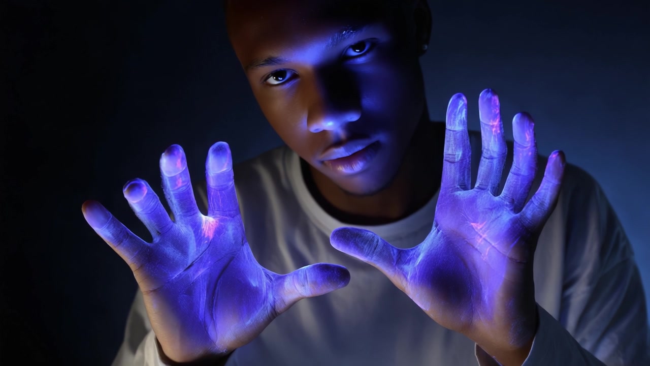 Un giovane mostra mani illuminate che emettono un bagliore blu, evidenziando un intrigante tema soprannaturale o artistico in un ambiente a bassa illuminazione con un'espressione intensa.
