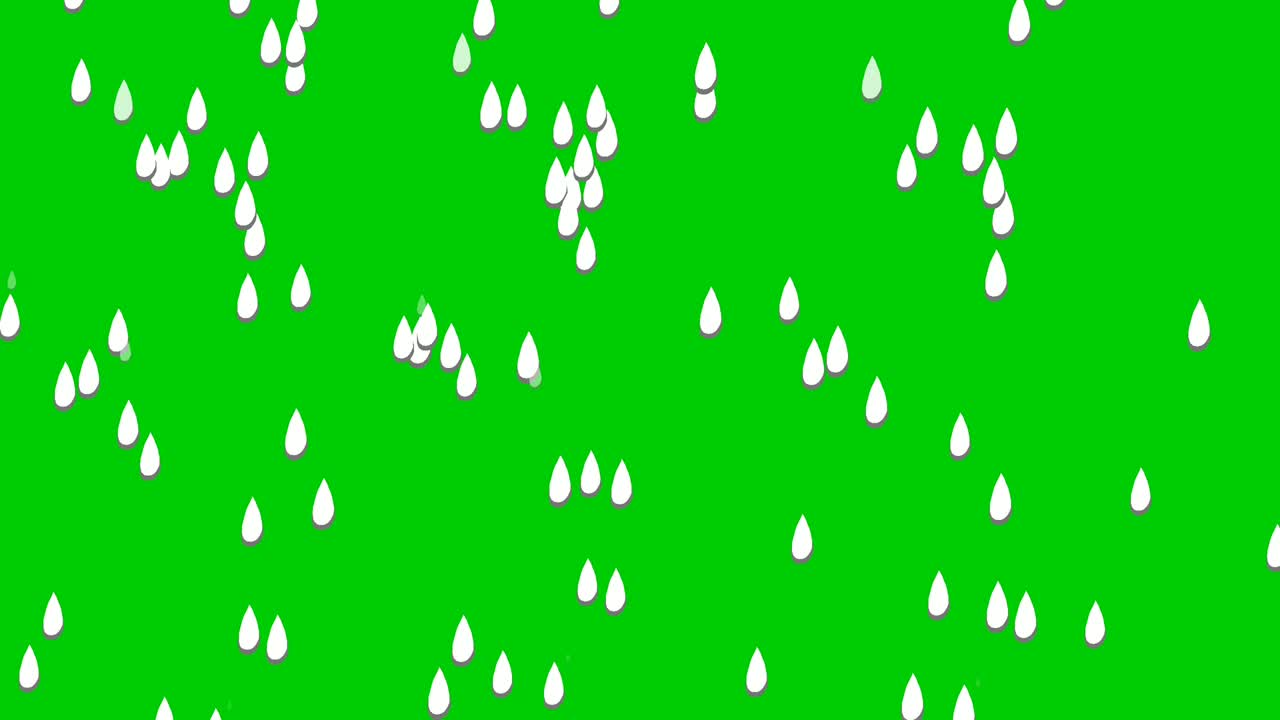 녹색 스크린에서 4k 비 만화 애니메이션, 애니메이션 물방울, 크로마 키와 조명으로 비를 떨어뜨리십시오.