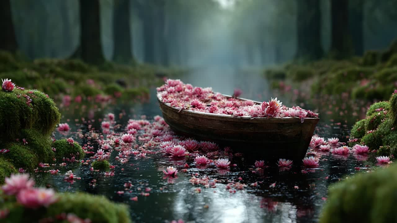 A Serene Landscape Featuring a Boat Adorned with Pink Water Lilies Floating Calmly Through a Misty, Lush Forest Stream at Dusk