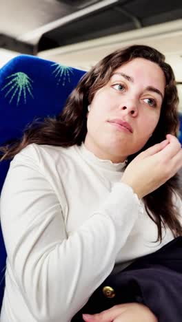 daydreaming woman with earbud on bus