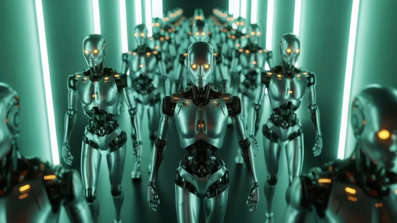 A Futuristic Assembly of Robotic Entities: Exploring the Aesthetics of Cybernetic Beings Navigating a Neon Corridor of Light and Technology