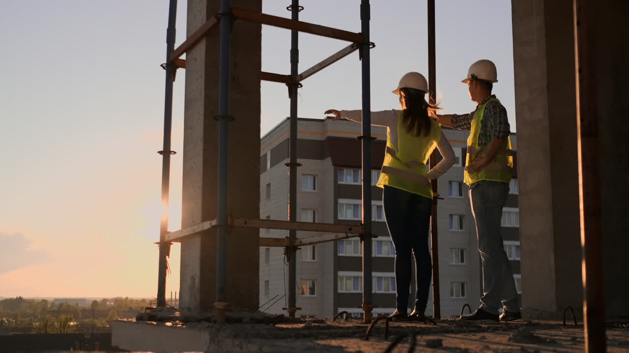 vista trasera y lateral de un constructor caucásico con casco blanco y chaleco verde que parece un dibujo de pie sobre un fondo de construcción inacabada.