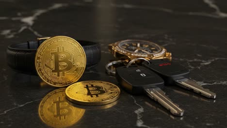 exploring the intersection of cryptocurrency and lifestyle: a close-up on bitcoin coins, keys, and luxury watches on a marble surface