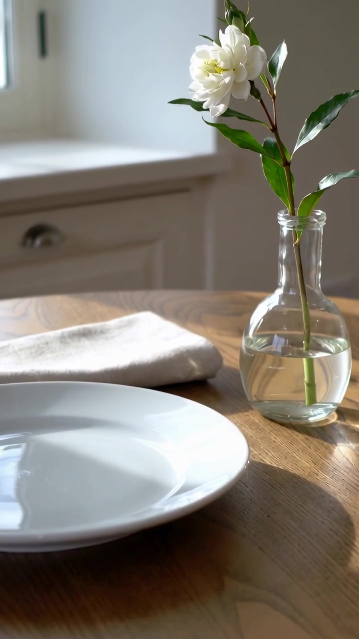 Video verticale: Telecamera che si sposta e muove un vaso di vetro con un fiore bianco su un tavolo vicino alla finestra, con spazio per il testo.