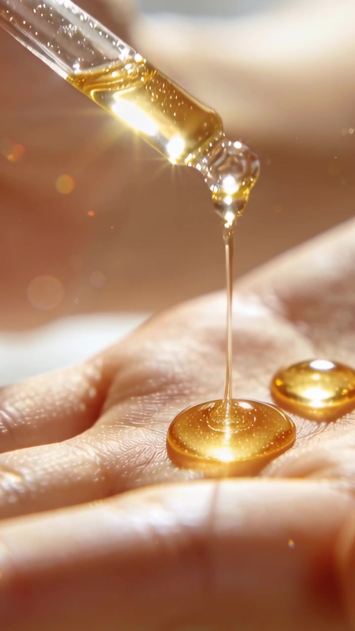 Vídeo vertical: Pipeta inclinando-se, formando uma gota e aumentando uma conta de âmbar na palma da mão aberta em uma demonstração de estúdio.