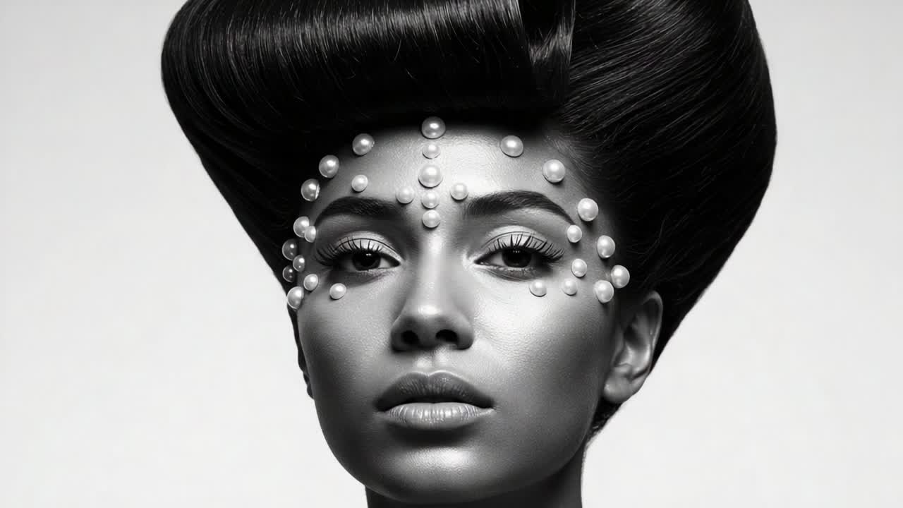 A Stunning Portrait Highlighting Elegant Hair Design and Artful Use of Pearls, Capturing the Essence of Beauty and Style in a Striking Monochrome Presentation