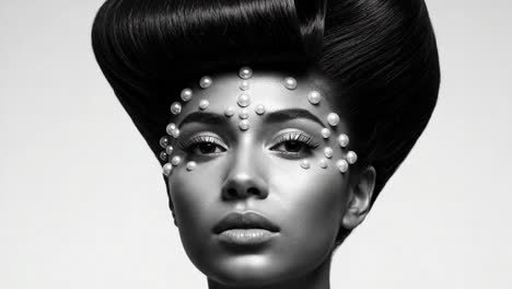 a stunning portrait highlighting elegant hair design and artful use of pearls, capturing the essence of beauty and style in a striking monochrome presentation