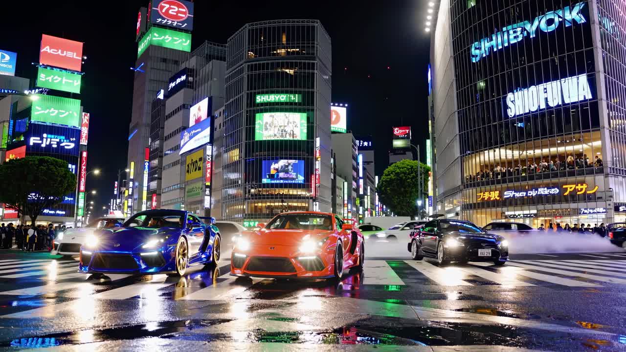 Low-angle video of sports cars on a bustling city street at night, surrounded by illuminated