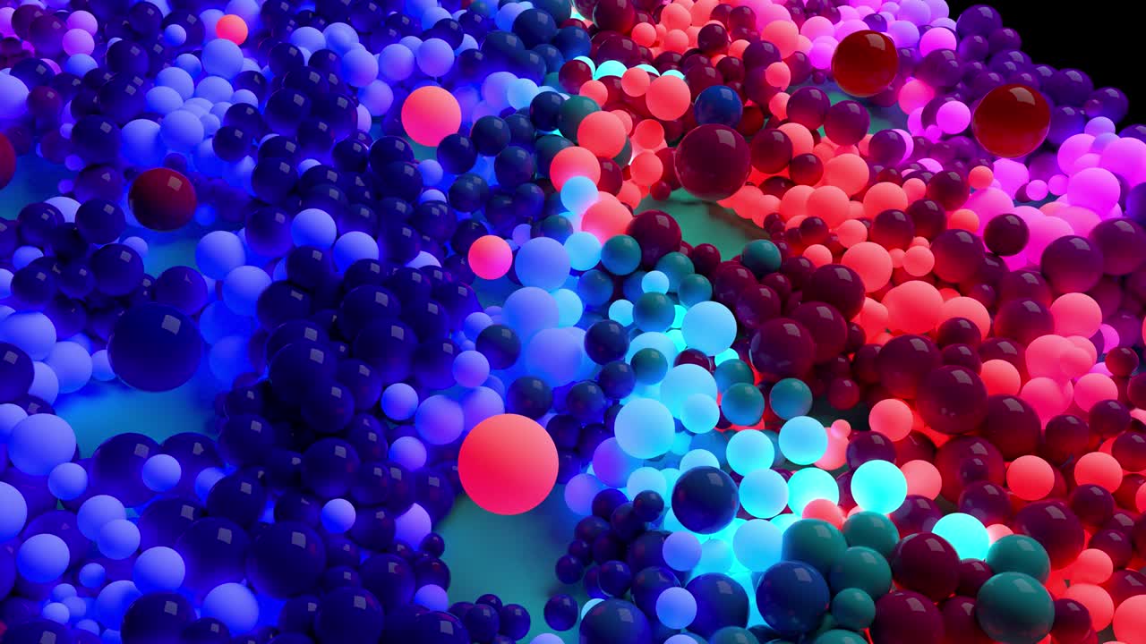 dark composition with colorful balls that cover the surface, some of which glow. 3d in 4k abstract background with flowing animation of spheres