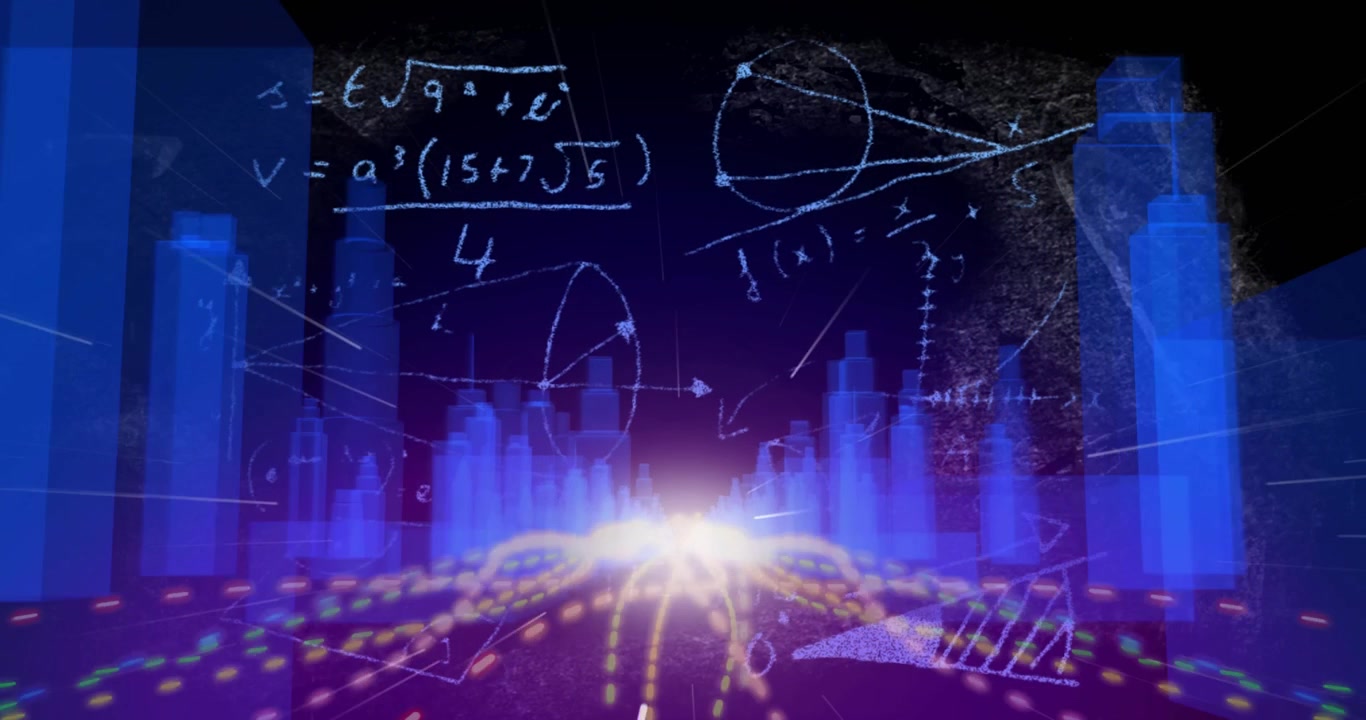 Orizzonte luminoso che emerge, che avvia barre di streaming dati che si innalzano, con formule che appaiono visualizzando i dati