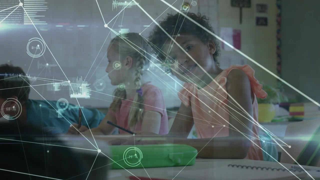 Animation of network of connections over african american girl studying in the class at school