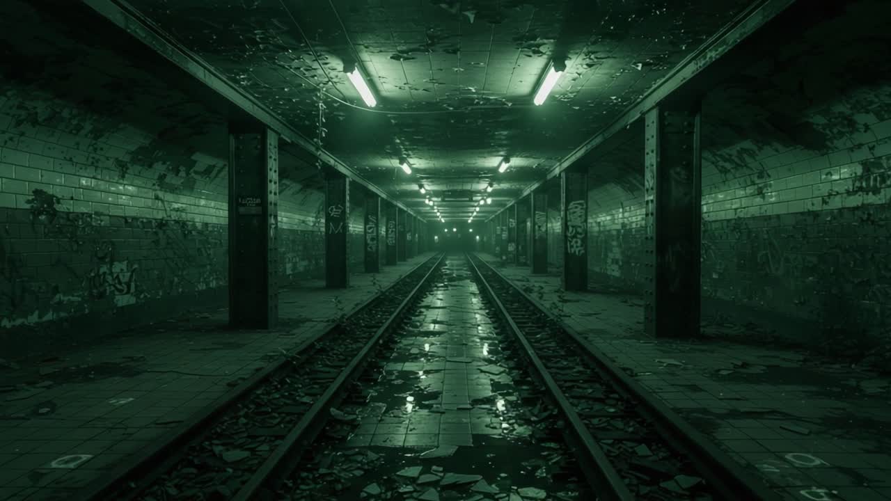 A Hauntingly Abandoned Underground Passageway with Echoing Reflections and Flickering Lights, Capturing the Eerie Essence of Forgotten Spaces