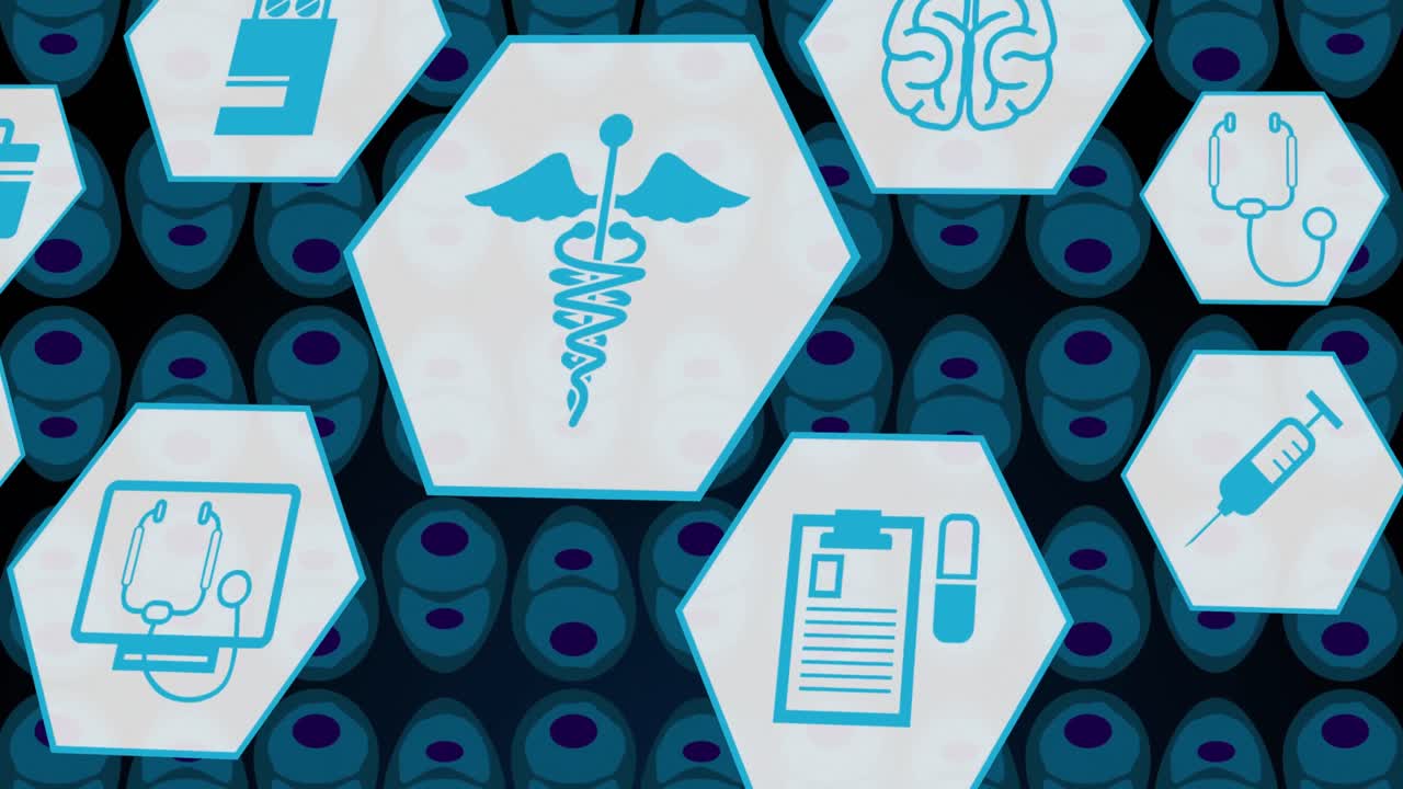 animación de iconos científicos sobre azul rosado sobre fondo negro