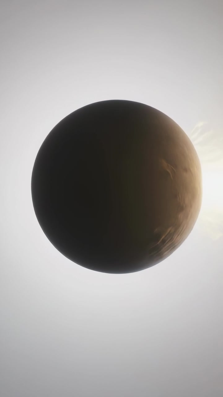 Vertical video: Rotating dark pitted sphere showing right edge pits on pale gray, sun creating halo