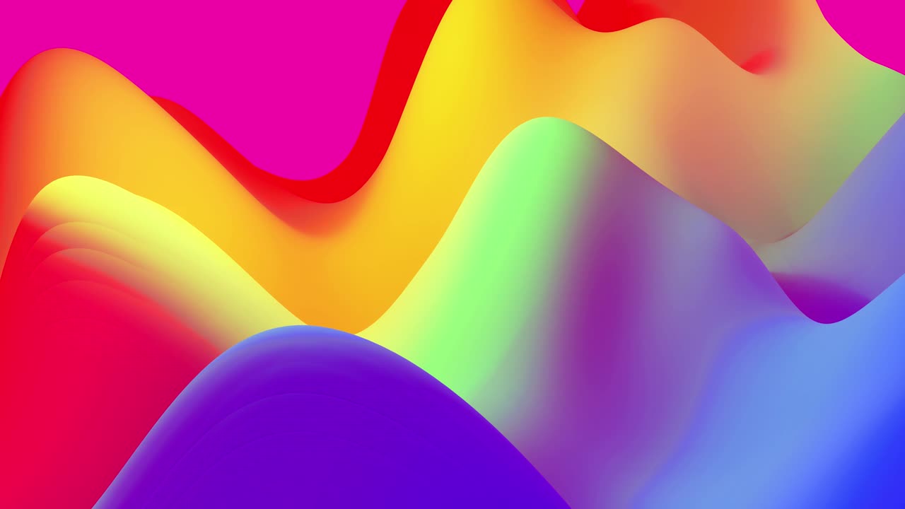 paisaje fantásticamente colorido. 4k abstracto en bucle fondo fantástico, gradiente líquido de pintura con brillo interno forma colinas o picos que cambian suavemente en el ciclo. arco iris colores
