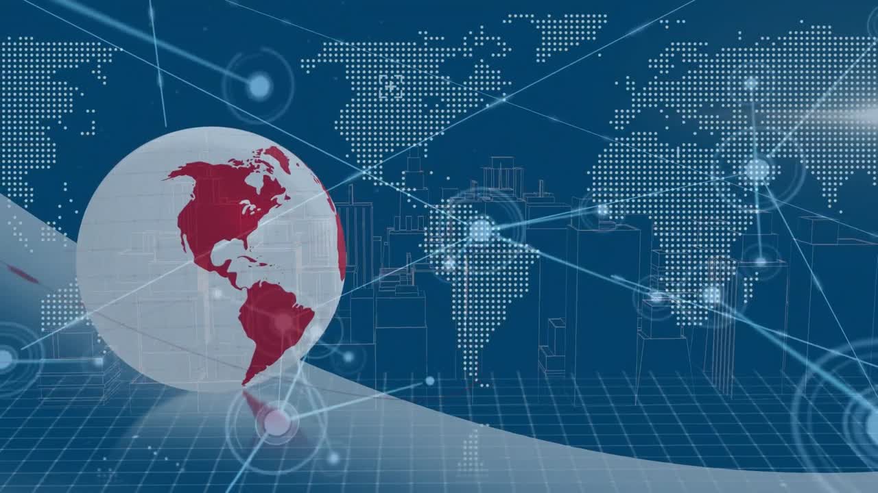 파란색 배경에 있는 디지털 도시 위의 세계 지도와 지구의 애니메이션