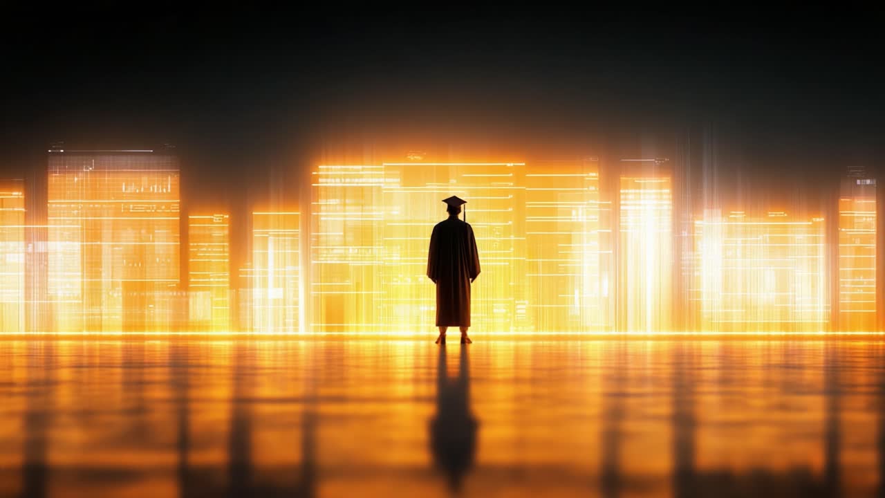 A contemplative graduate stands at the edge of a vibrant, illuminated digital cityscape, embodying hope and a future filled with endless possibilities beyond graduation