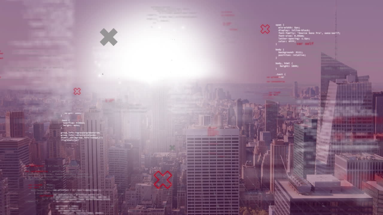 데이터 처리, 도시 풍경 및 연결의 애니메이션