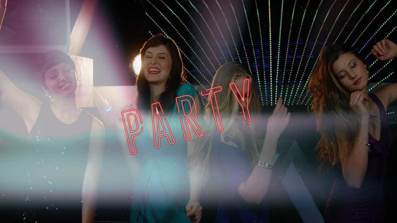 animación de texto de la fiesta sobre diversas amigas bailando