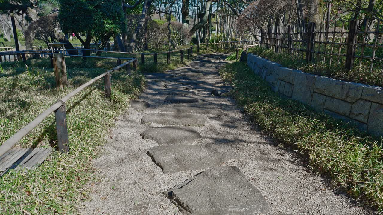 Et vidvinkelbilde av en tradisjonell japansk sti av tråkkheller omkranset av et bambusgjerde i Heisei-hagen, Gyosen-parken, under mykt sollys.