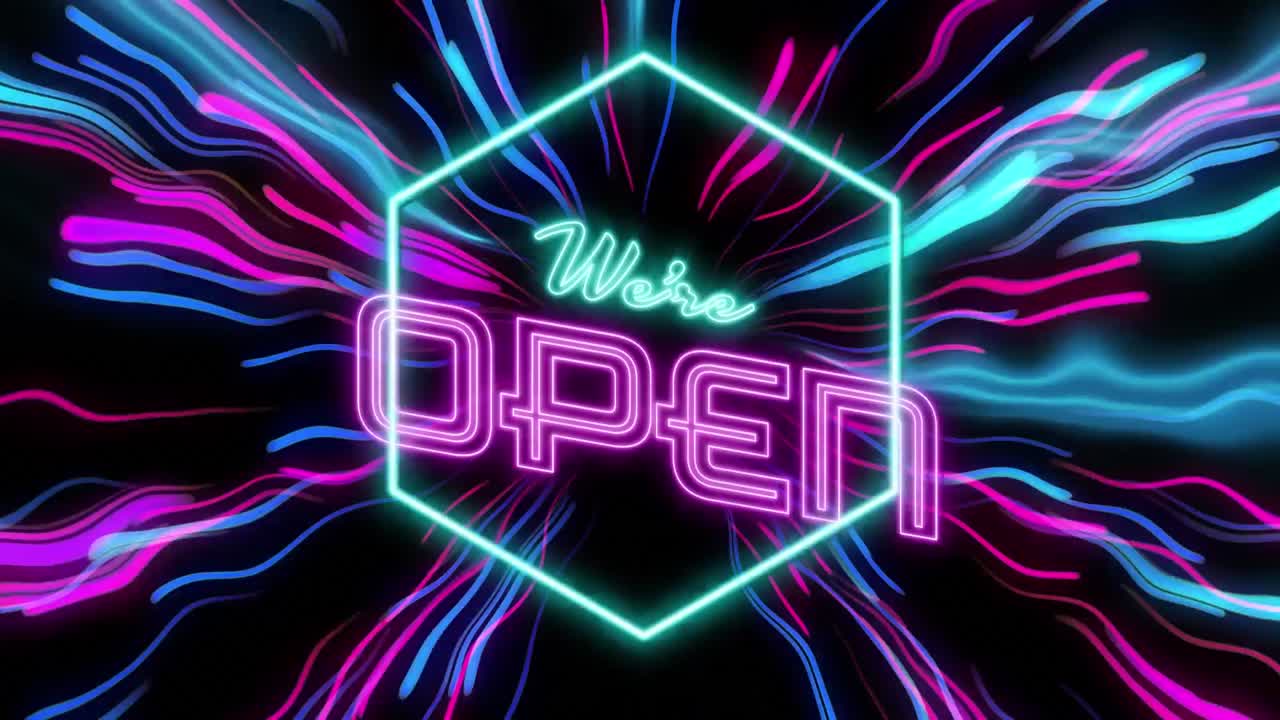 Animation of we're open text over neon light trails on black background