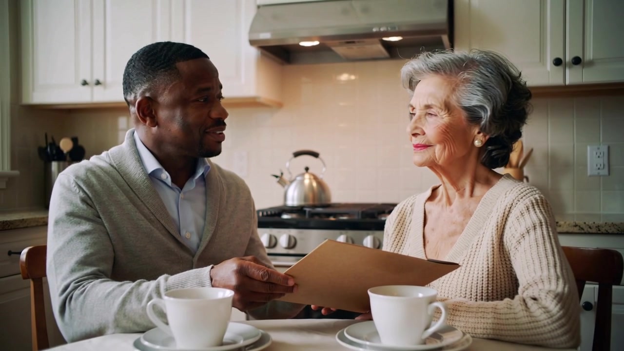 Sliding son wearing cardigan showing folder at kitchen table, teacups, sharing file with mother