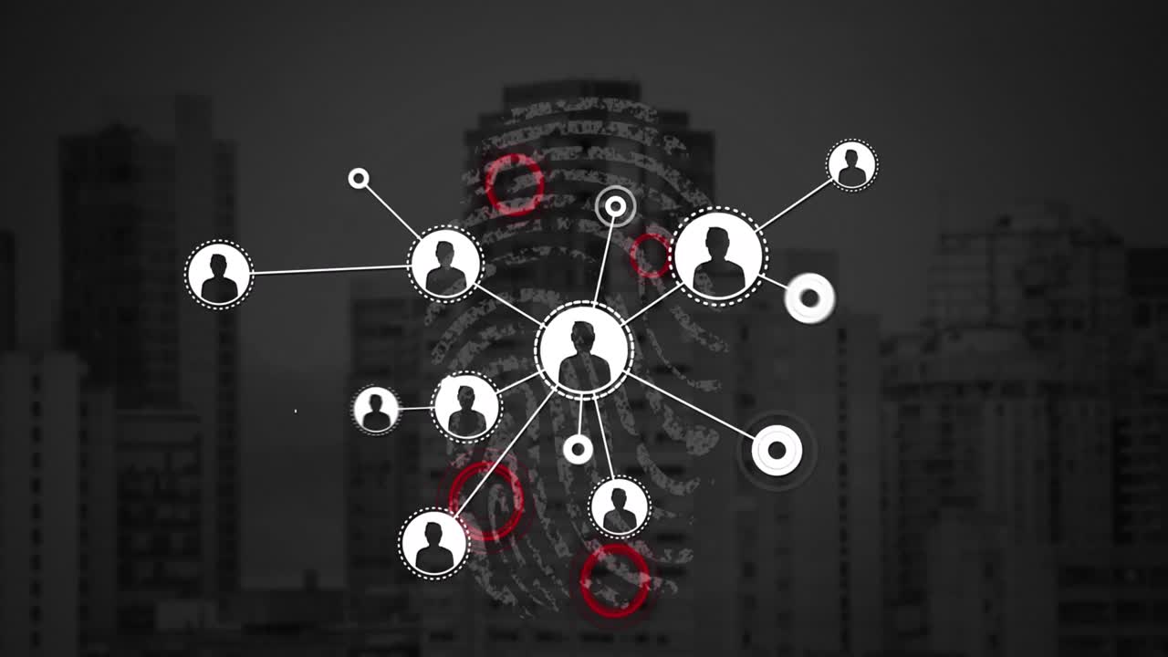 animación del procesamiento de datos y la red de conexiones a través de huellas dactilares biométricas