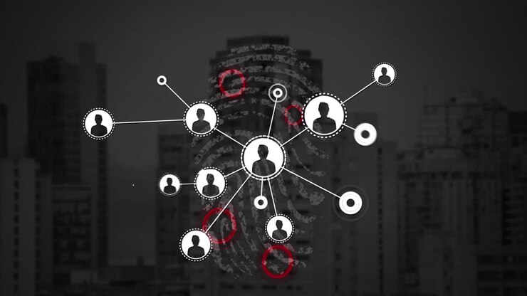 Animation of data processing and network of connections over biometric fingerprint