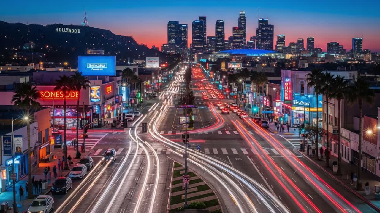 Night view of Hollywood Boulevard with the Hollywood sign and downtown Los Angeles skyline