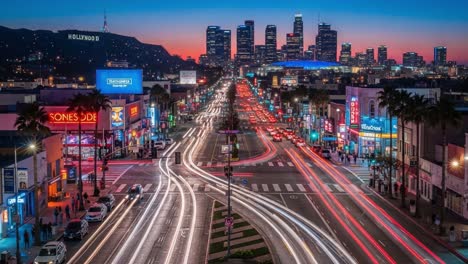 night view of hollywood boulevard with the hollywood sign and downtown los angeles skyline