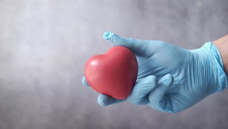 doctor holding a red heart in blue medical gloves