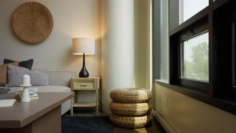 panning shot of a living room nook being lit by large natural light windows