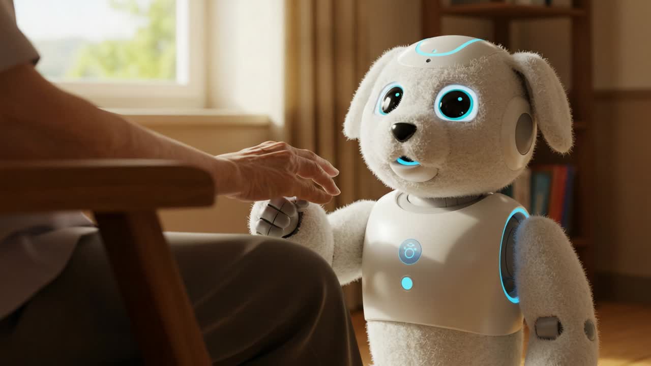 Interaction Between a Friendly Robot Dog and an Elderly Person in a Cozy Living Room Setting, Highlighting the Emotional Bond and Technological Advancements in Robotic Companionship