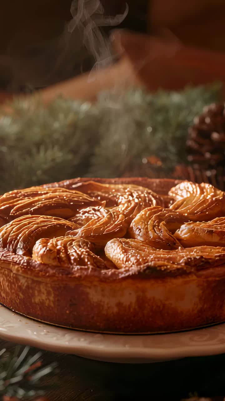Vertical video: Steaming spiral tart fresh from oven, sitting on plate at dining table, pinecone