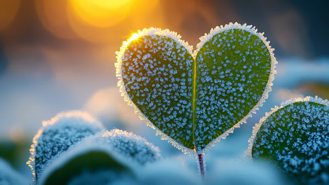 Frosty heart-shaped leaf at sunrise. A heart-shaped leaf glistens with frost in early morning light, surrounded by frozen foliage, capturing nature's beauty
