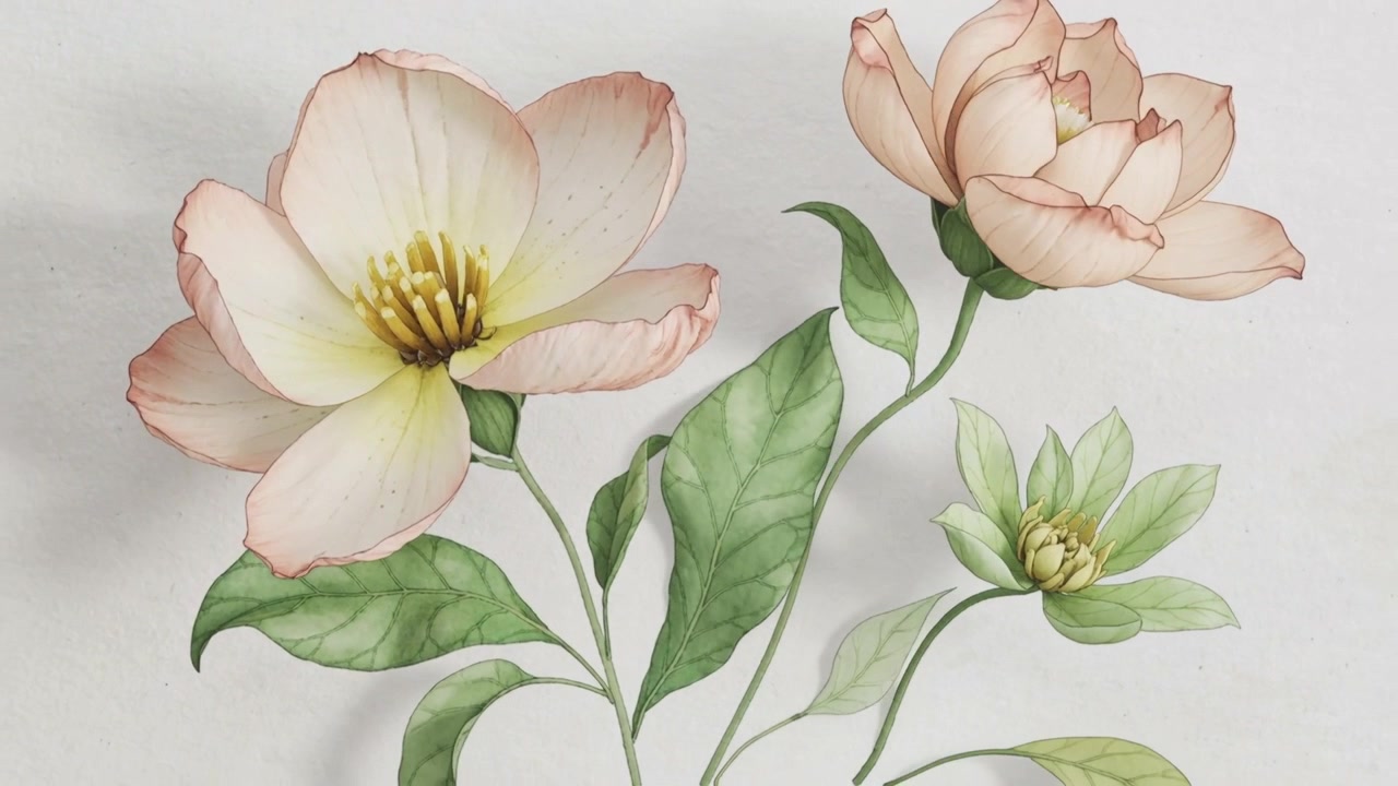 Mostra un dipinto botanico che si completa, mentre le cornici rivelano petali che si aprono e venature delle foglie su carta.