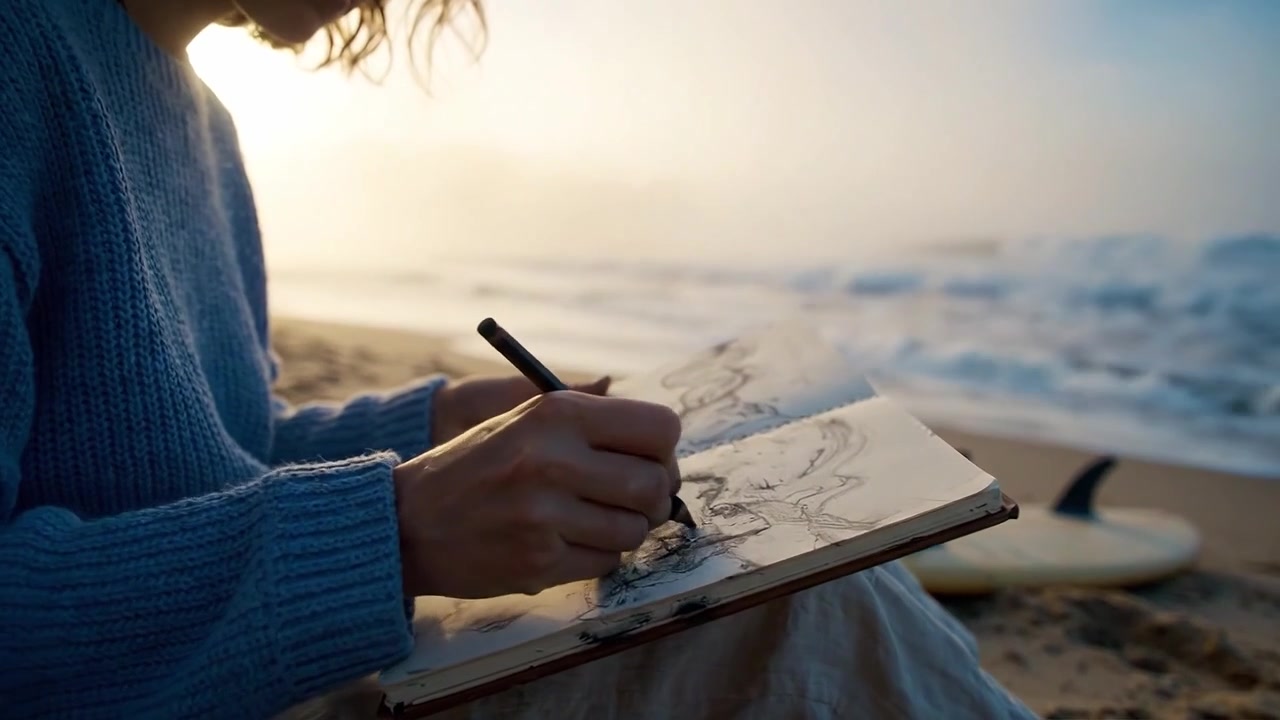 Un momento creativo catturato: una giovane donna impegnata nell'arte e nella riflessione in spiaggia, mentre è circondata da tavole da surf e dalle tranquille onde dell'oceano.