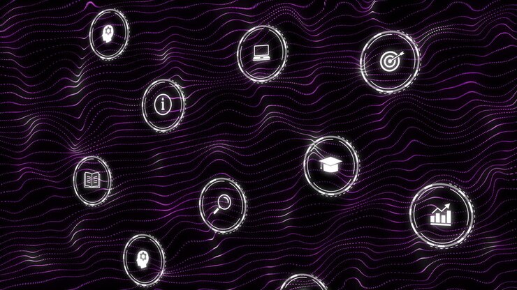 Animation of network of digital icons over black background