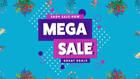 Animation-of-mega-sale-text-over-dots-and-flowers-moving-in-hypnotic-motion