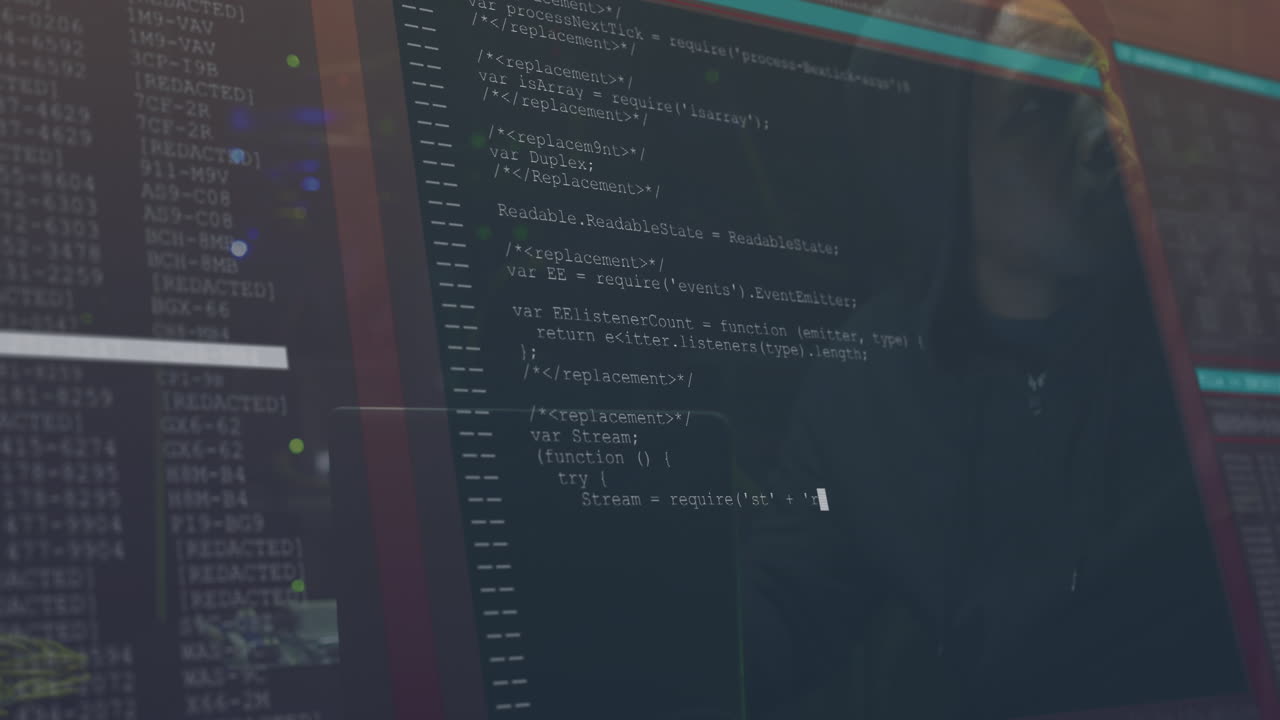 animación del procesamiento de datos sobre un hacker afroamericano en la sala del servidor.