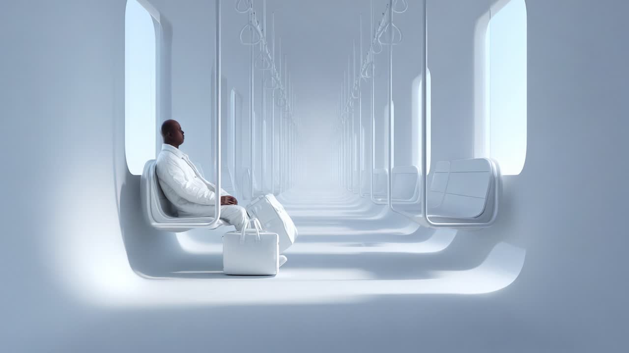 A solitary figure dressed in white sits in a sparse, minimalist train carriage, enveloped in soft light, creating an atmosphere of serenity and contemplation amidst the urban environment