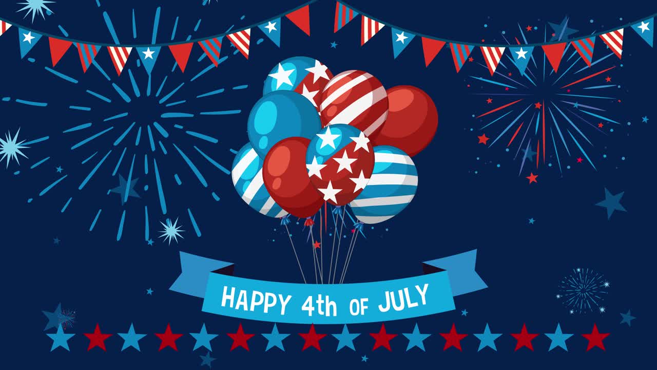 Patriotic animation with fireworks, balloons, and banners celebrating Independence Day in vibrant red, white, and blue colors